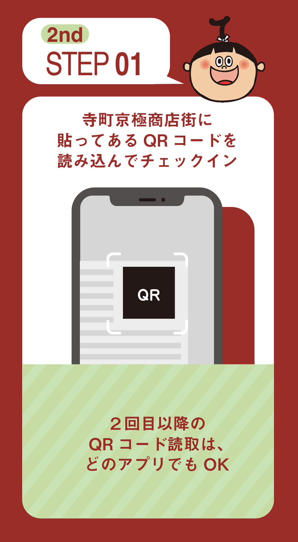 STEP 01 寺町京極商店街に貼ってあるQRコードを読み込んでチェックイン